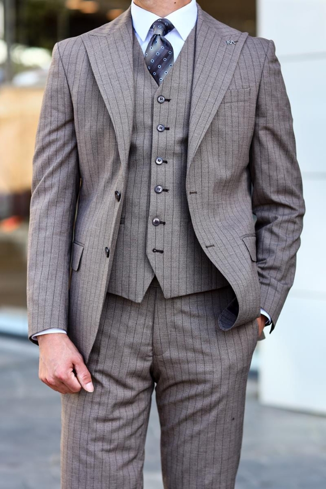 Yelekli Takım Elbise - Kahverengi