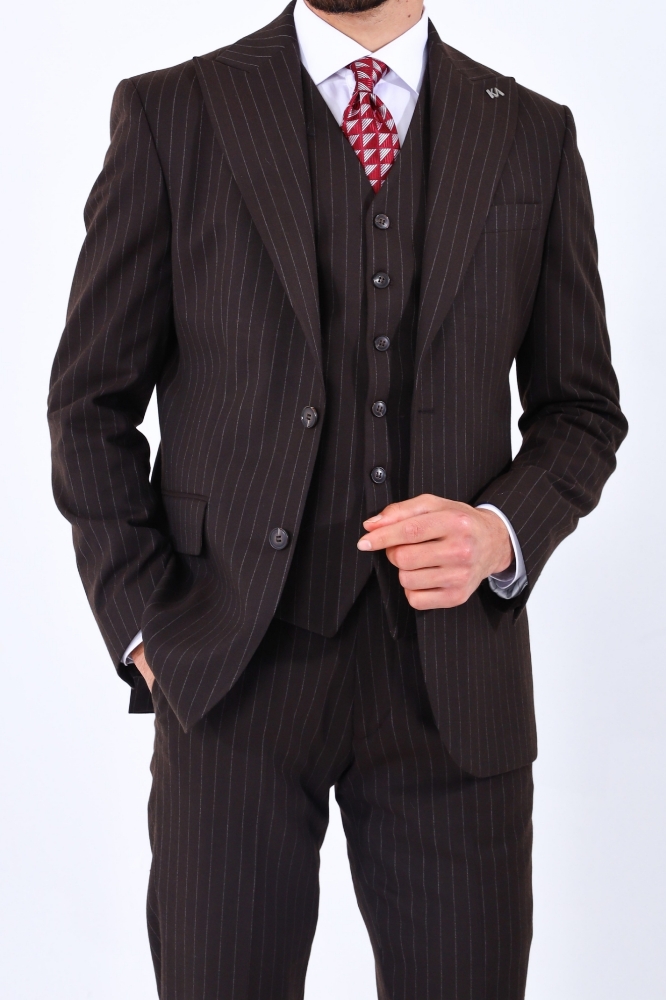 Yelekli Takım Elbise - Kahverengi