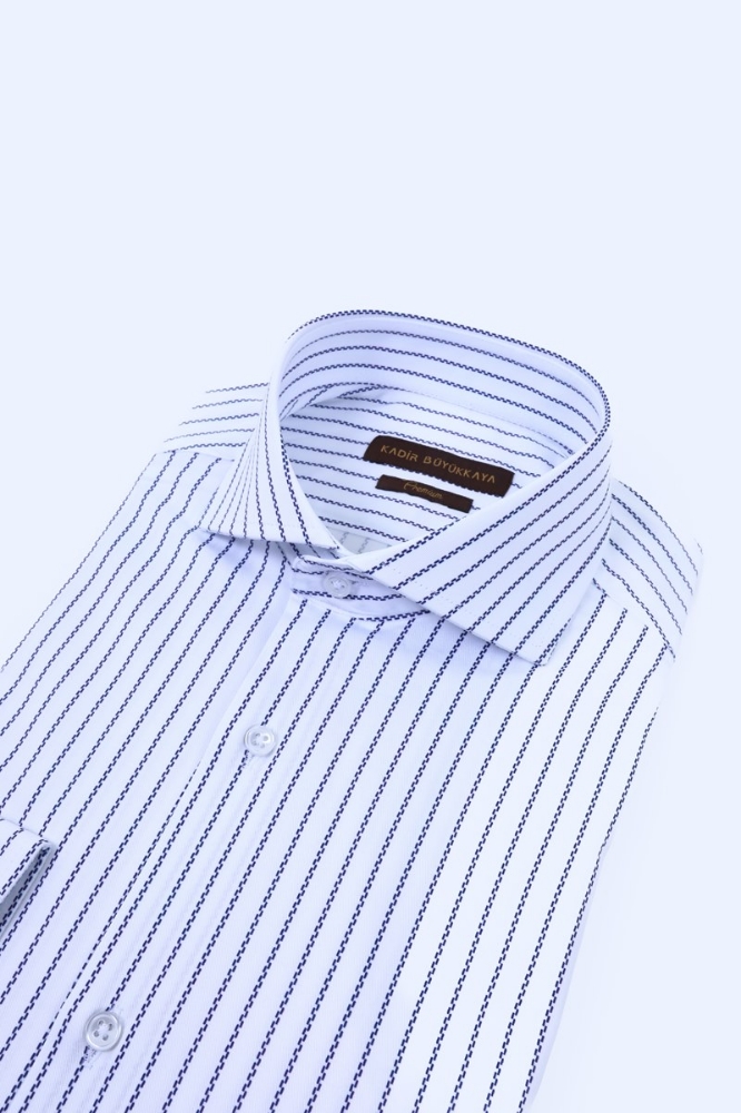 İtalyan Yaka Gömlek - Lacivert-beyaz Çizgili