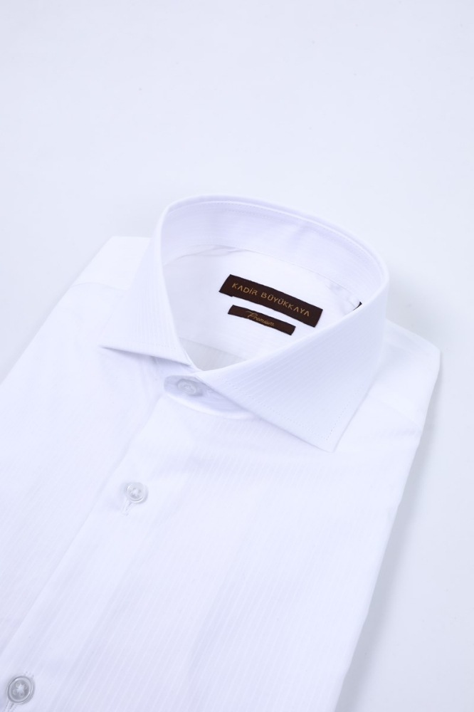 İtalyan Yaka Gömlek - Beyaz-düz Çizgili