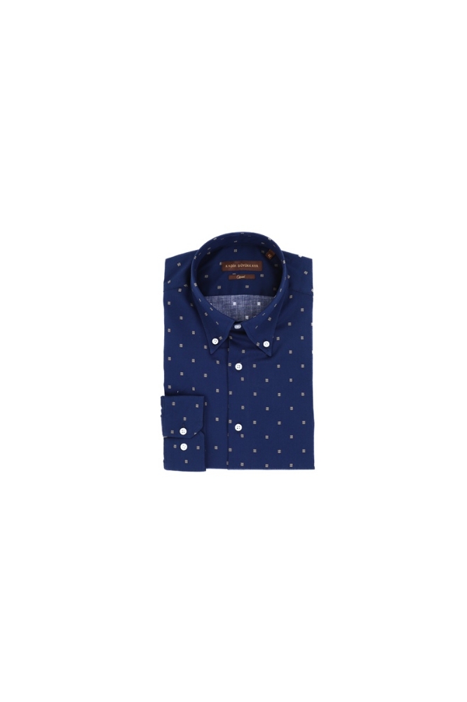 Yaka Düğmeli Gömlek - Lacivert Çiçek Desen