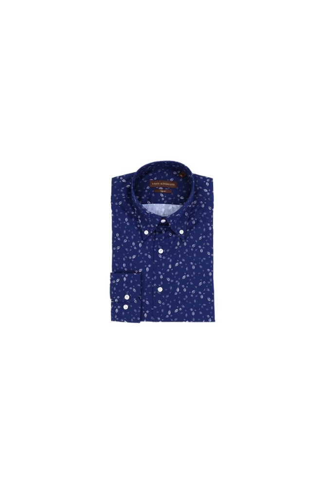 Yaka Düğmeli Gömlek - Lacivert Yaprak Desen