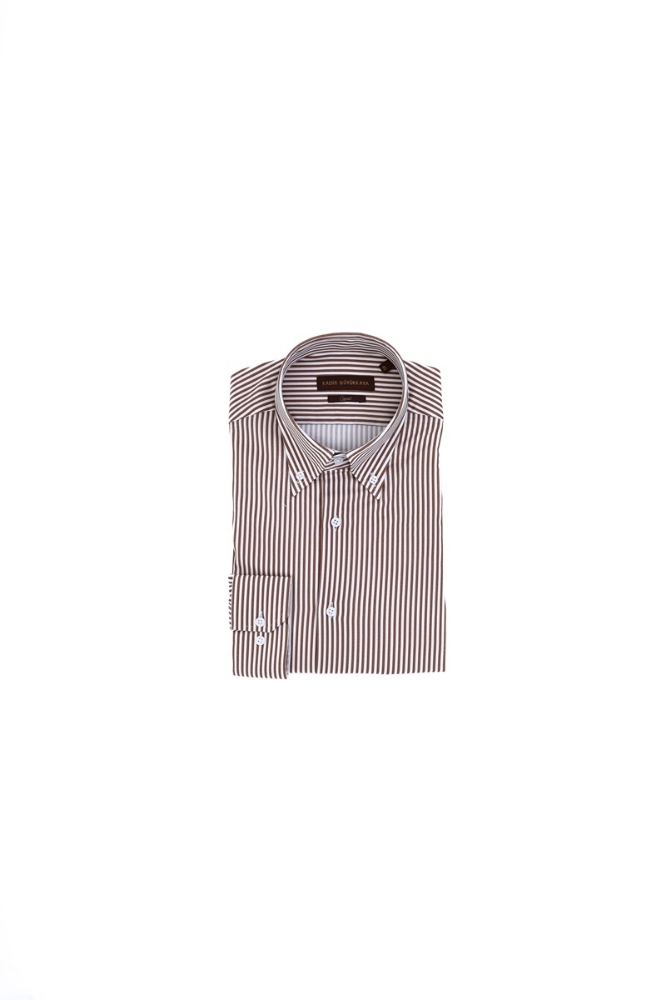 Yaka Düğmeli Gömlek - Kahverengi-beyaz Çizgili