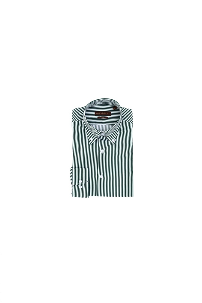 Yaka Düğmeli Gömlek - Yeşil-beyaz Çizgili