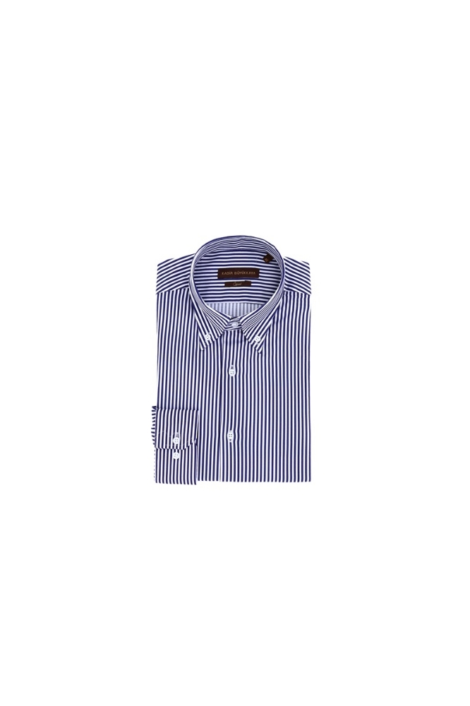 Yaka Düğmeli Gömlek - Lacivert-beyaz Çizgili